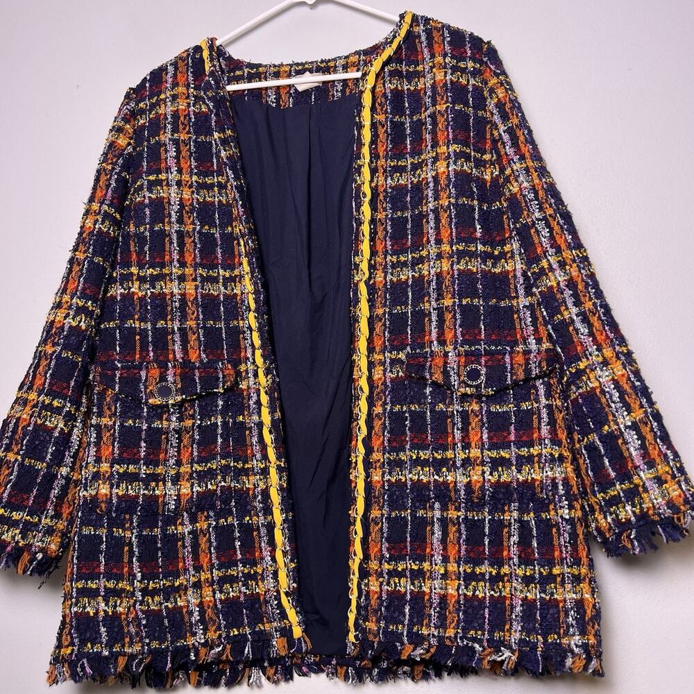Chico's multicolor plaid tweed open-front jacket yellow braided trim Sz L - Picture 3 of 15